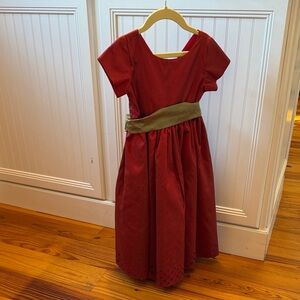 Girls - Red Silk Dress with Green Waistbad  Sash and Bow
